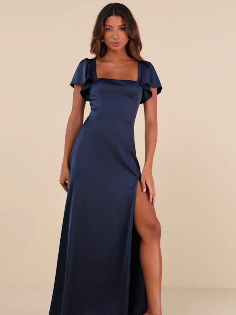 Lulus Ultimate Sweetness Navy Blue Satin Flutter Sleeve Maxi Dress Size XL